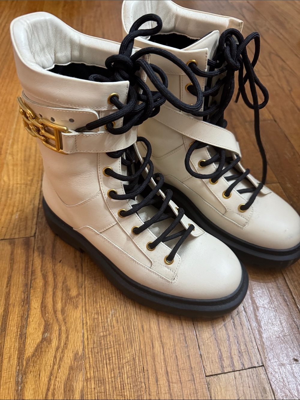 White Lace-Up Combat Boots with Gold Chain Accent - Women
